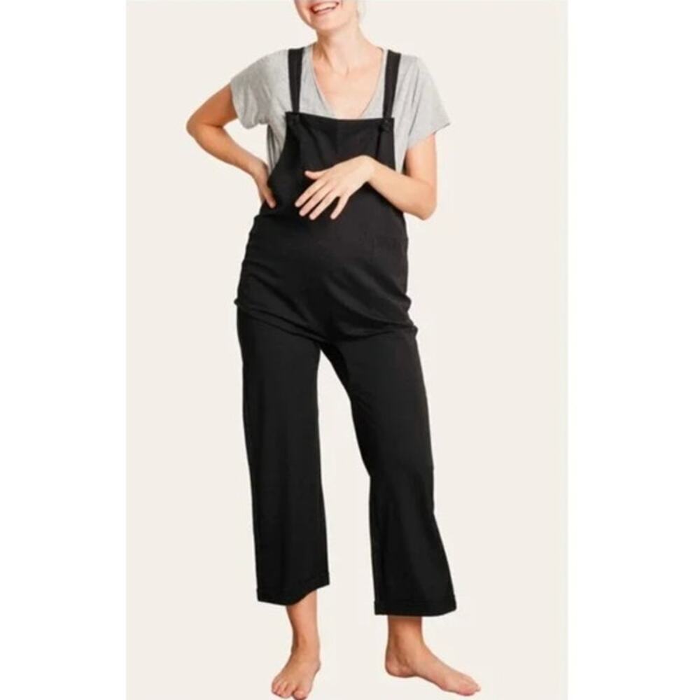 NOM Maternity Imogen Overalls Knit Relaxed Fit Adjustable Straps Cropped Black S